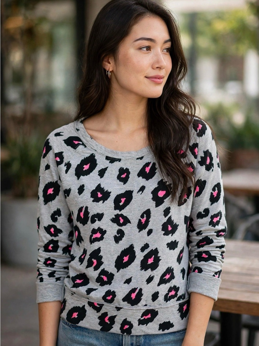 Full Tilt Gray Leopard Print Crewneck Sweater with Pink Spots